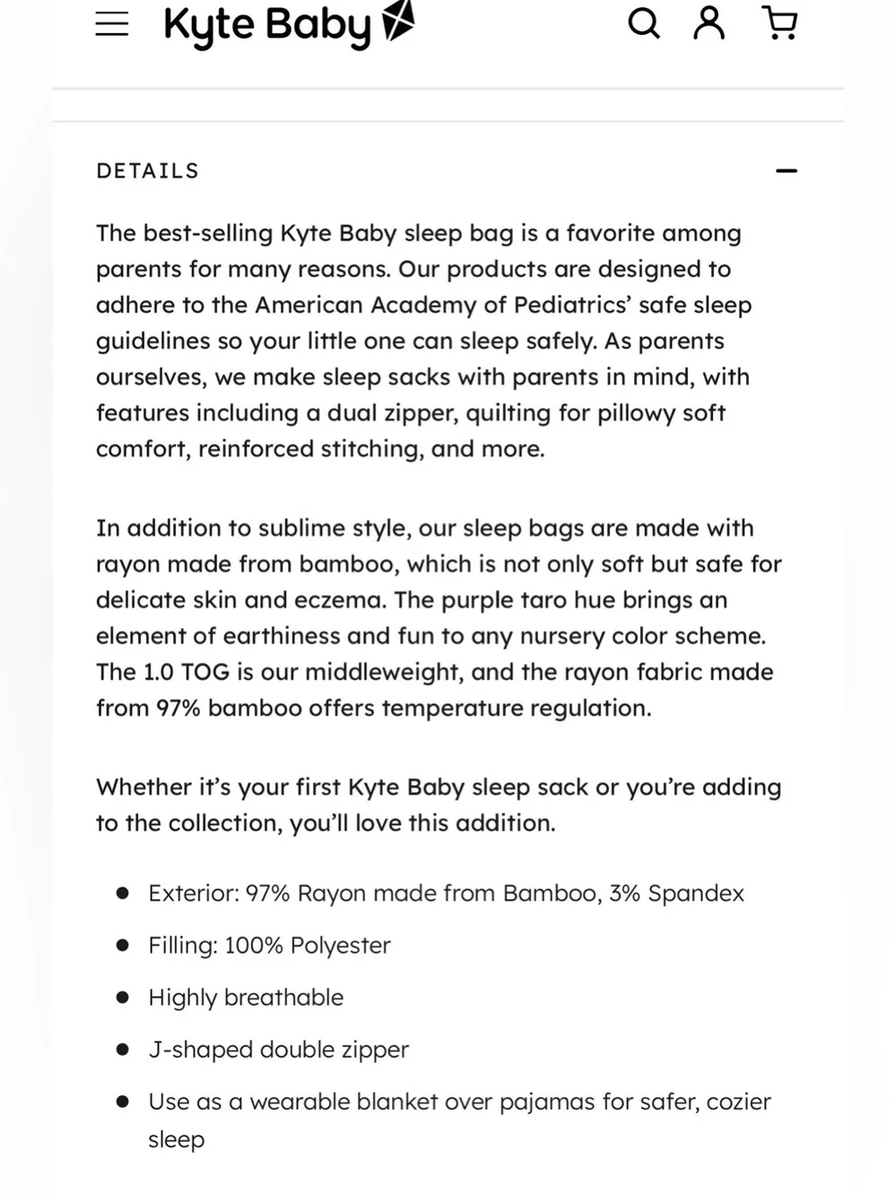 Kyte Baby Sleep Bag in Taro 1.0 , size Large